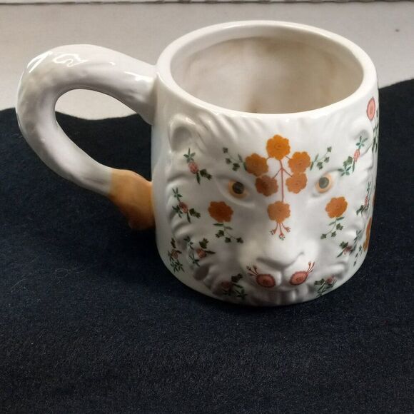 Anthropologie Floral Glazed Stoneware Lion Face with Tail Handle Mug Cottagecore - Picture 1 of 7